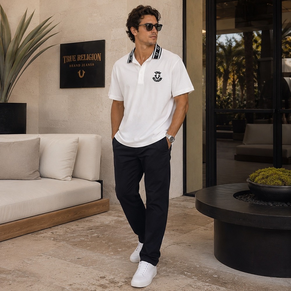 TRUE RELIGION Mens New Polo Shirt LARGE White Logo Graphic 701065 PIQUE POLO